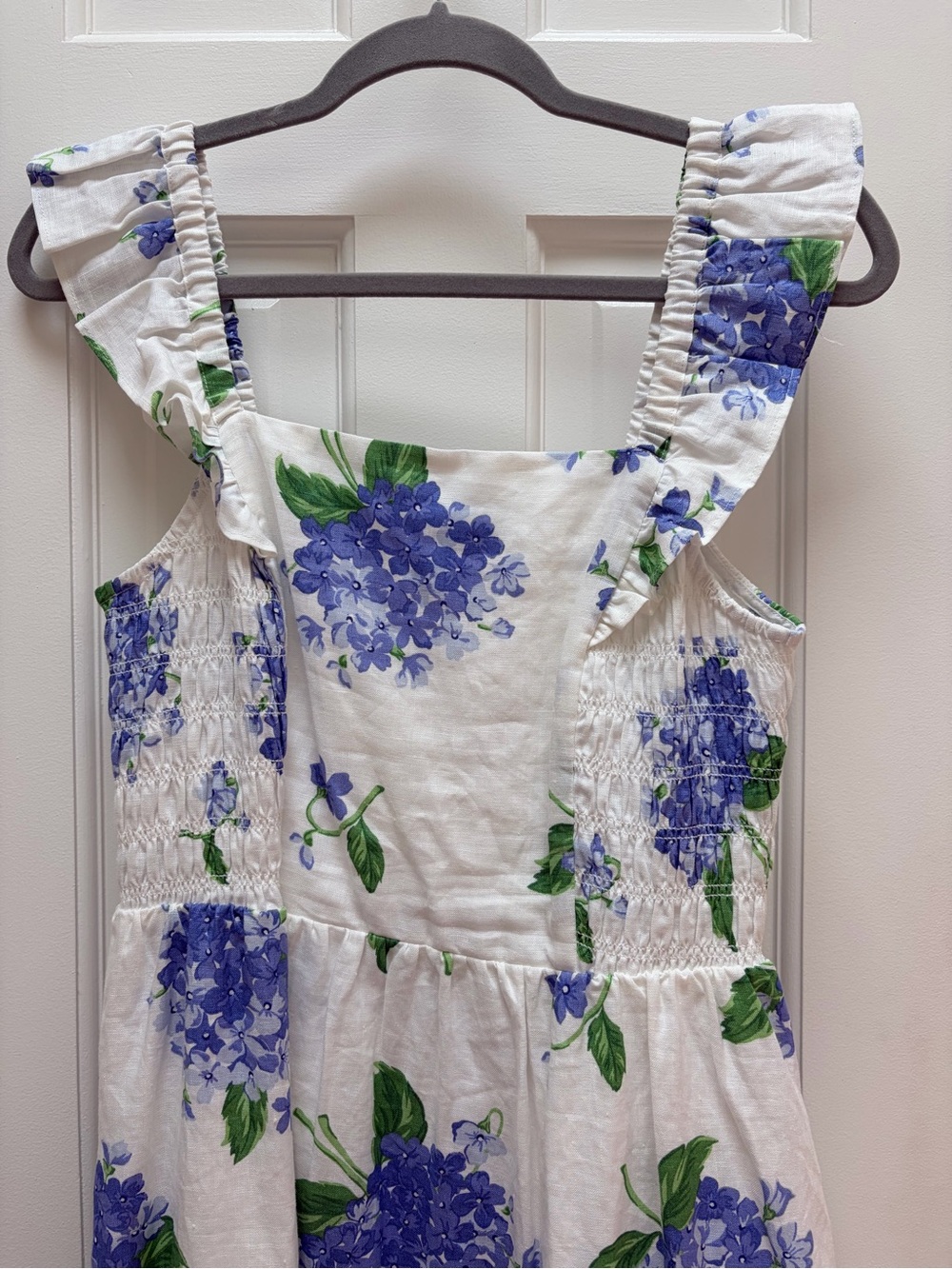 White Floral Ruffled Midi Dress with Blue Hydrangea Print - Picture 4 of 4